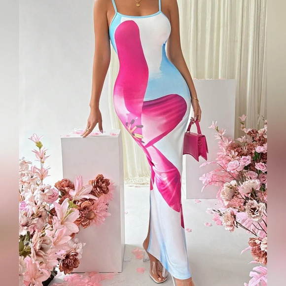 Slim Fit Color Block Flower Printed Cami Dress - Picture 6 of 6